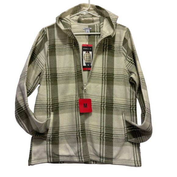 Womens Size Medium Plaid Fleece Hoodie Jacket With Zip-Up Closure & Front Pocket - Picture 1 of 12
